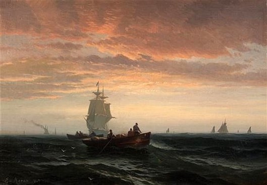 Fisherboats And Full Masted Ships At Sunset