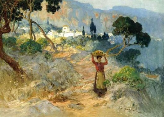 A Maiden Carrying Oranges Before An Italian Village