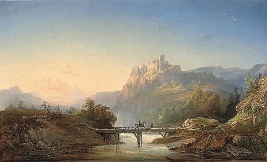Travellers Crossing A Bridge Before A Ruined Citadel