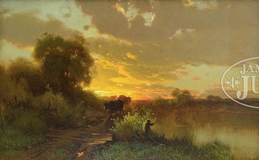 Fisherman And Cows In Sunset Landscape